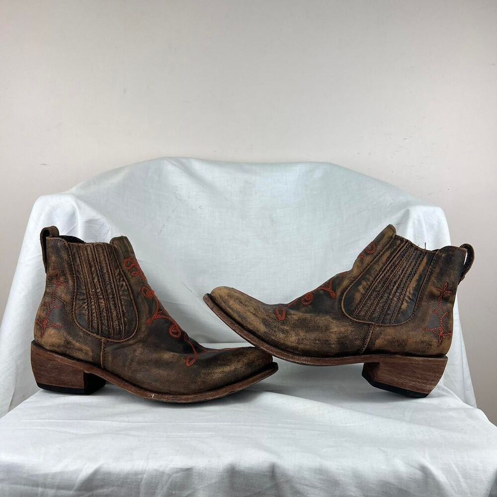 Libery Black Brown Leather Ankle Boots With Red Stitching Size 10